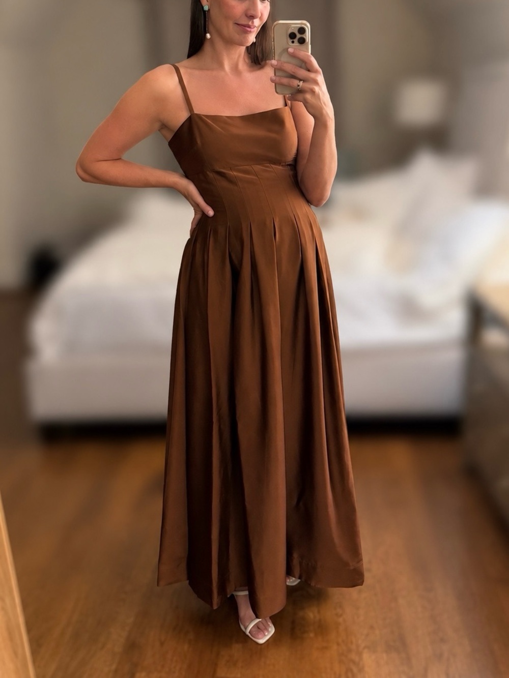 French Connection Brown Satin Pleated Maxi Dress